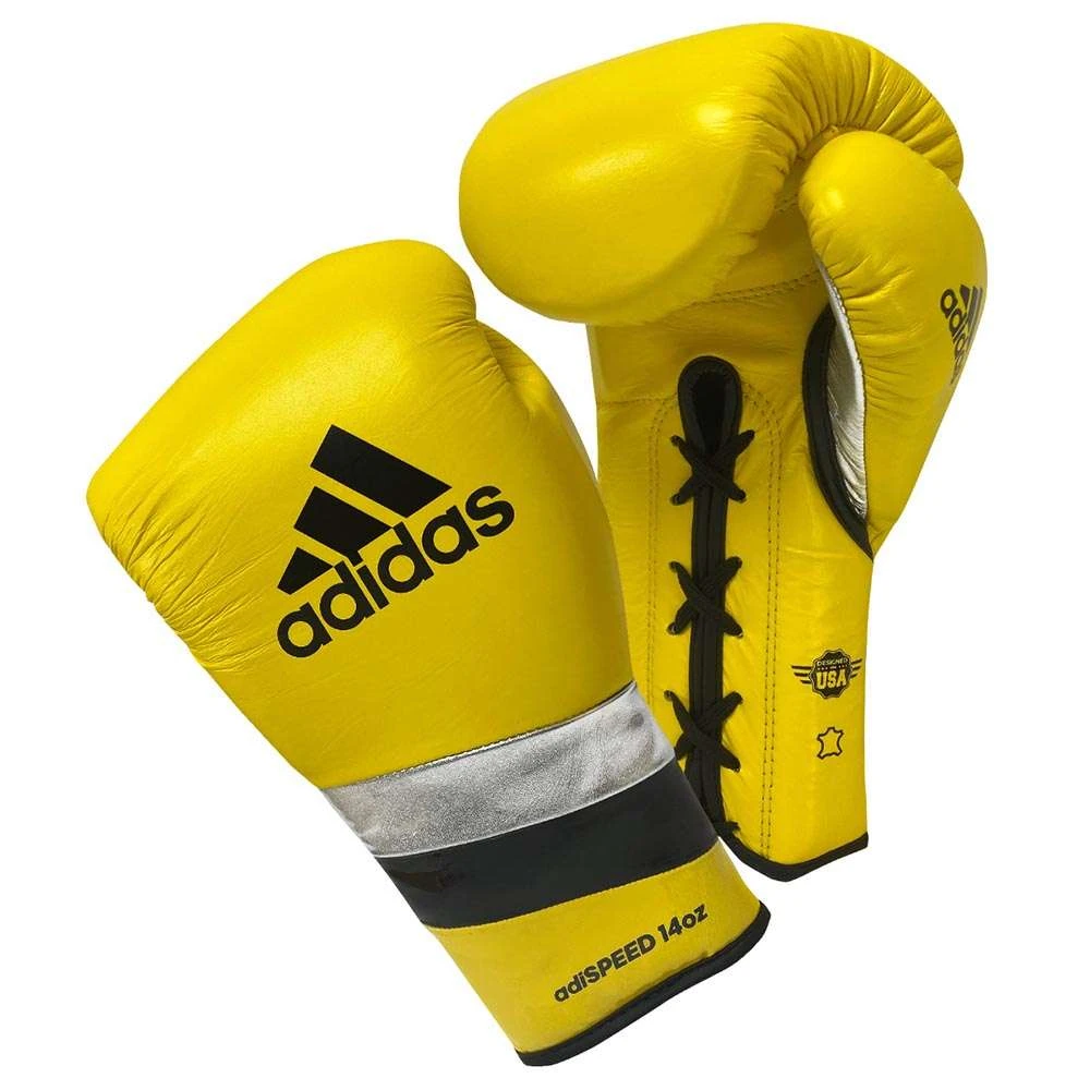 Adidas AdiSpeed Lace-Up Boxing Gloves – Yellow/Black/Silver 1 Adidas AdiSpeed Lace-Up Boxing Gloves – Yellow/Black/Silver