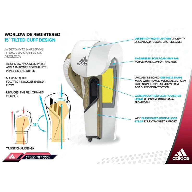 Adidas Speed Tilt 350 Hook & Loop Boxing Gloves – White/Gold 2 Adidas Speed Tilt 350 Hook & Loop Boxing Gloves – White/Gold - Image 2
